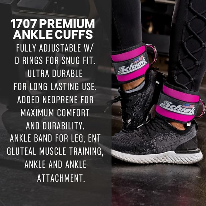 Schiek Sports 1707 Ankle Cuffs - Ideal for Glute Kickbacks and Cable Machine Workouts - Durable and Built To Last