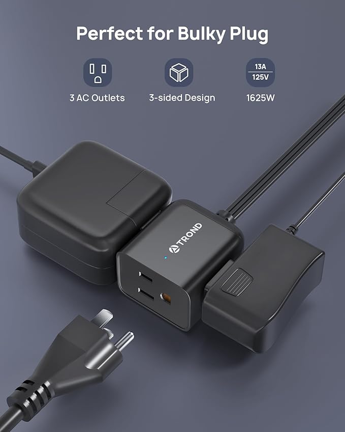 TROND 360° Rotating Flat Plug Extension Cord 1.5ft, Low Profile Small Power Strip, Three Side Grounded Outlet, 13A, Short SPT 16/3 Gauge Cable for Indoor Home Office Cruise Travel Essentials, Black