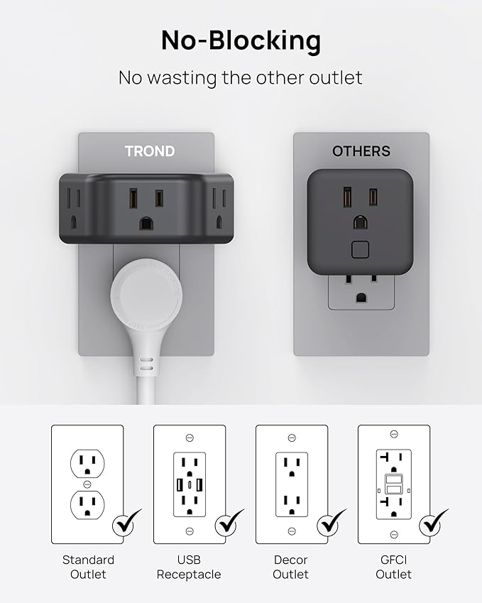 TROND Outlet Extender - 3 Prong Grounded Plug Extension Outlet, 3 Way Angled Wall Plug Splitter, Cruise Ship Essentials, Multiple Expander with 3 Electrical Sockets for Bathroom, Kitchen, Black