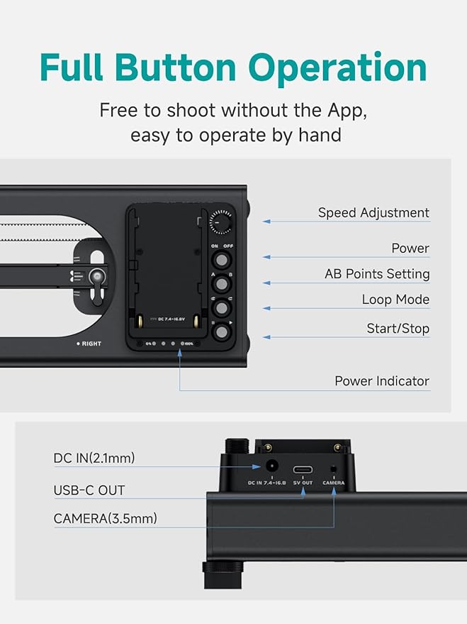 Accsoon Toprig Video Slider, 16''/40cm Motorized Camera Slider with Full Button Control, Support APP-Video Mode/Time-Lapse/Loop Mode, Speed Control Konb, 120° Panoramic Shooting for Photographer