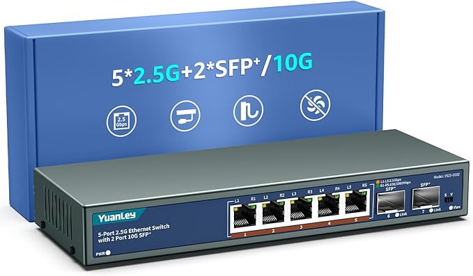 7 Port 2.5G Unmanaged Ethernet Switch, 5 x 2.5G Base-T Ports, 2 x 10G SFP, Compatible with 100/1000/2500Mbps, VLAN, Fanless, Desktop/Wall Mount YuanLey 2.5Gbe Network Switch for Wireless AP, NAS, PC
