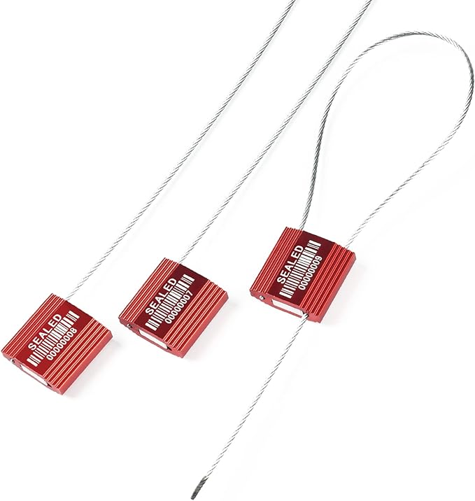 100 Red Steel Cable Seals With Barcode - High Security Numbered Truck Anti-Tamper Pull Tite Tags - Metal Container Shipping Self-Locking Safety Ties ISO 17712