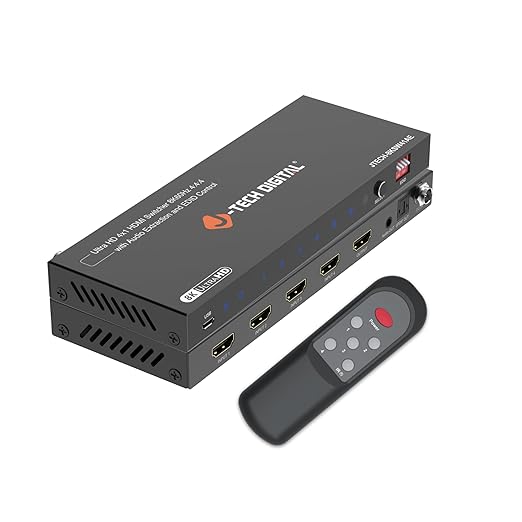 8K HDMI Switch 4 in 1 Out, 8K@60Hz 4K@120Hz 1080P@240Hz with Audio Extraction, HDMI to Optical & Analog 3.5mm, HDR HDCP2.3 EDID Control (JTECH-8KSW41AE)
