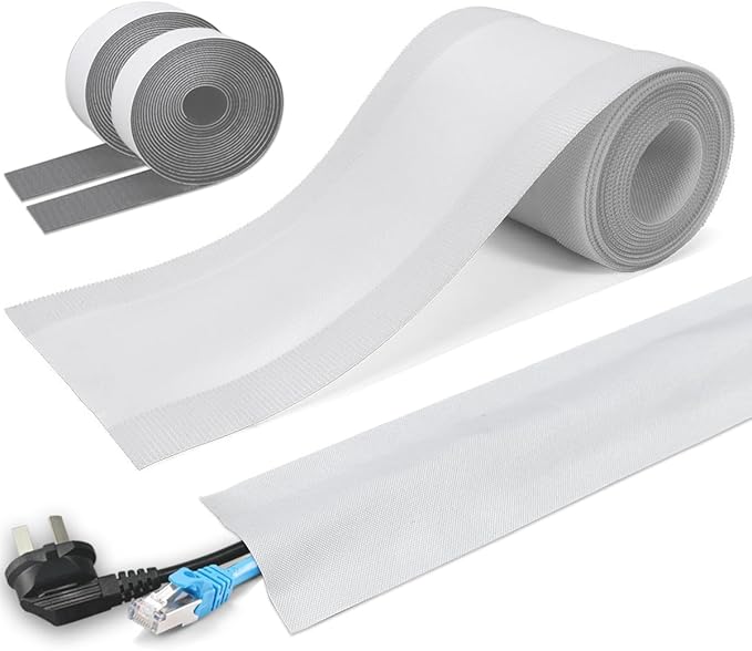 Floor Cable Covers - 20ft Oxford Fabric Cord Protector with Adhesive Hook & Loop,Waterproof Wire Storage Sleeve for Any Floor Surface,Durable Cable Management to Prevent Tripping Hazards (White, 20ft)