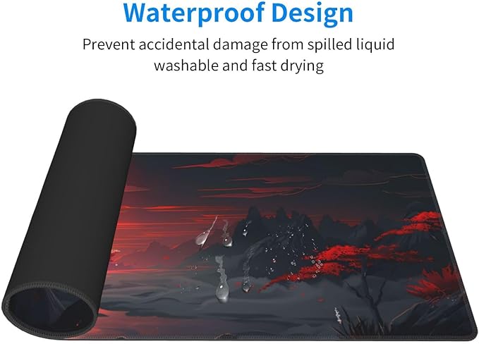 Extended Gaming Mouse Pad, Large Desk Mat XL Anime Mouse Pad Waterproof with Stitched Edges, Non-Slip Desktop Pad for Home and Office, Level Up Your 31.5x11.8 Inch (Darkness Red Moon)