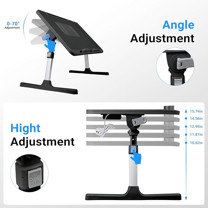 Laptop Lap Desk Include Cooling Fan,Adjustable Lap Desk with Light Fan,Folding Laptop Desk for Bed with USB,Bed Desk with Storage Drawer 60 * 40cm,Black