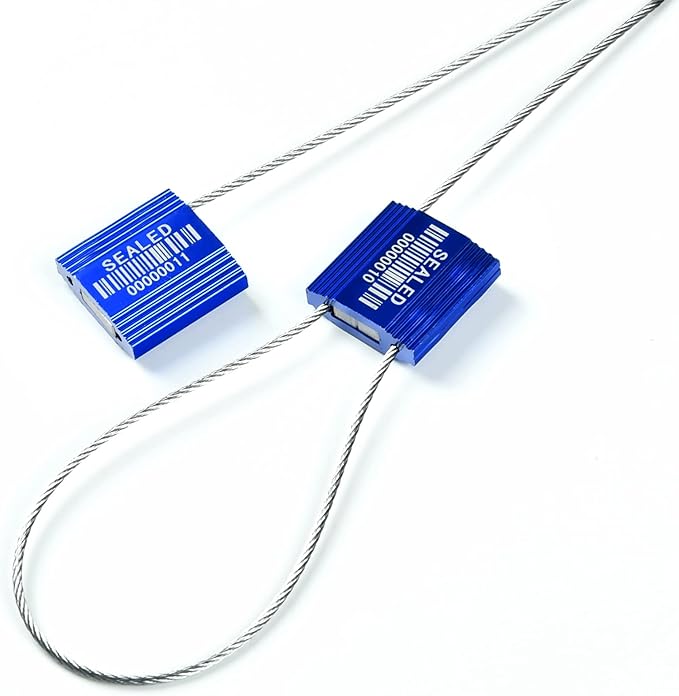 100 Blue Steel Cable Seals with Barcode - High Security Numbered Truck Seals - Anti-Tamper Pull Tite Self-Locking Safety Ties - ISO 17712