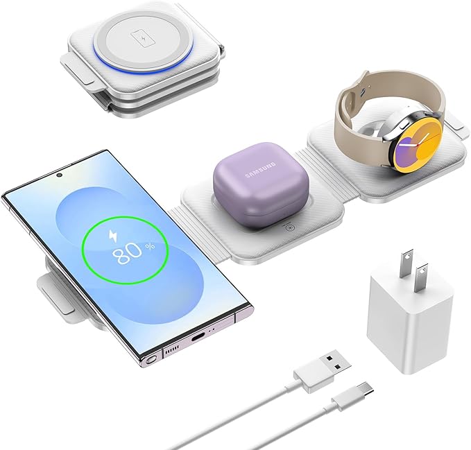 Travel Charger for Samsung Multi Devices, Foldable 3 in 1 Wireless Charging Station Fast Charging Stand/Pad Compatible for Samsung Galaxy S25/S24/S23/S22/S21/Note20 Galaxy Watch8/7/6/5/4/Galaxy Buds4