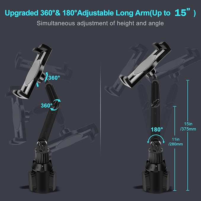 Cup Holder Car Tablet Mount for Truck, 360° Adjustable 15" Long 2-Arm Stand Holder for iPad Pro 12.9/11/10.5/9.7/Air/Mini 6/5/4, Samsung Galaxy Tab/Z Fold 6/5/4, iPhone 16/15/Pro, 4.7-12.9" Tab &Phone