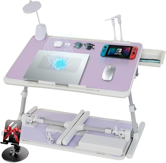 Laptop Lap Desk Include Cooling Fan,Adjustable Lap Desk with Light Fan,Folding Laptop Desk for Bed with USB,Bed Desk with Storage Drawer 60x40cm,Purple