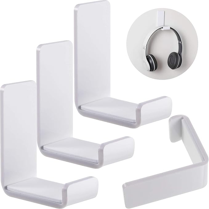 Weewooday 4 Pieces Headphone Hanger Holder Desk Adhesive Headphone Hook Wall Mount Headset Stand Acrylic Holder with Glues for General Purpose Game Earphone(White)