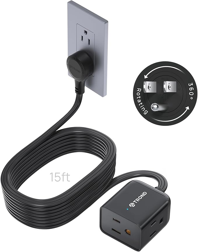 TROND 360° Rotating Flat Plug Extension Cord 15ft, Low Profile Small Power Strip, 3 Side Grounded Outlet, 13A, SPT 16/3 Gauge Cable for Indoor Home Office Kitchen Cruise Travel Essentials, Black