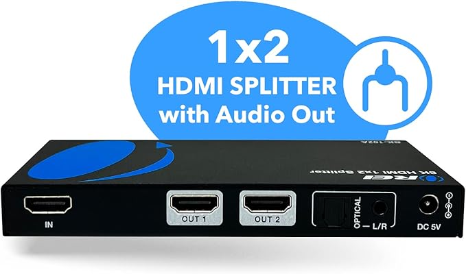 OREI 8K HDMI Splitter 1 X 2, Duplicate with Audio Extractor UltraHD Supports Upto 4K @ 120Hz IR EDID HDCP 2.3 - (BK-102A) (1x2 - Audio Out)