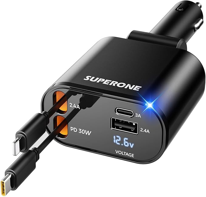 【Upgraded】 SUPERONE Retractable Car Charger 4 in 1, Fast Car Phone Charger with Cord 2.6ft, USB C and Apple Car Adapter, Compatible with iPhone 16 15/15 Pro Max/14/13/12/11, Galaxy, Pixel