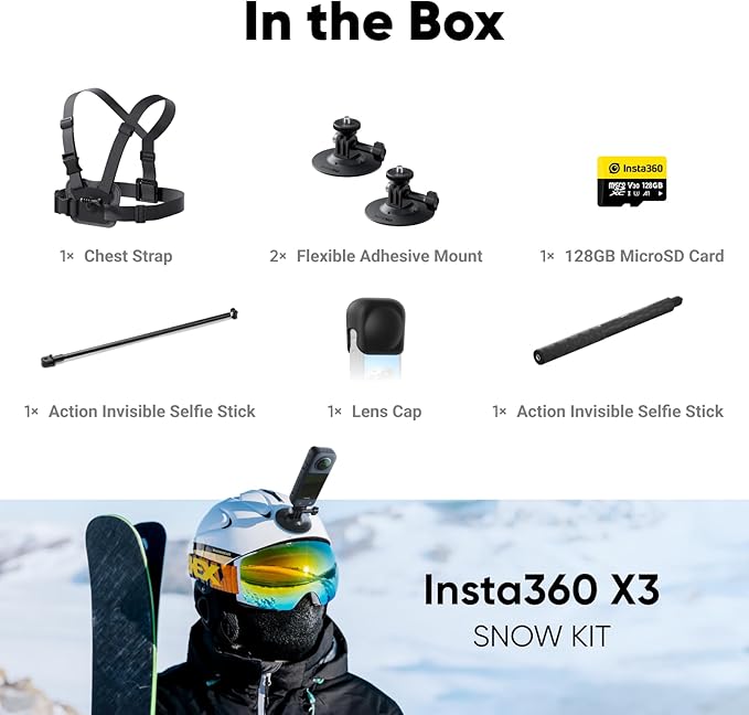 Insta360 X3 Snow Kit (New Version) - 360 Action Camera with 5.7K 360 Active HDR Video, 4K Single-Lens Camera, Waterproof, FlowState Stabilization, 2.29" Touchscreen, AI Editing, Wintersports