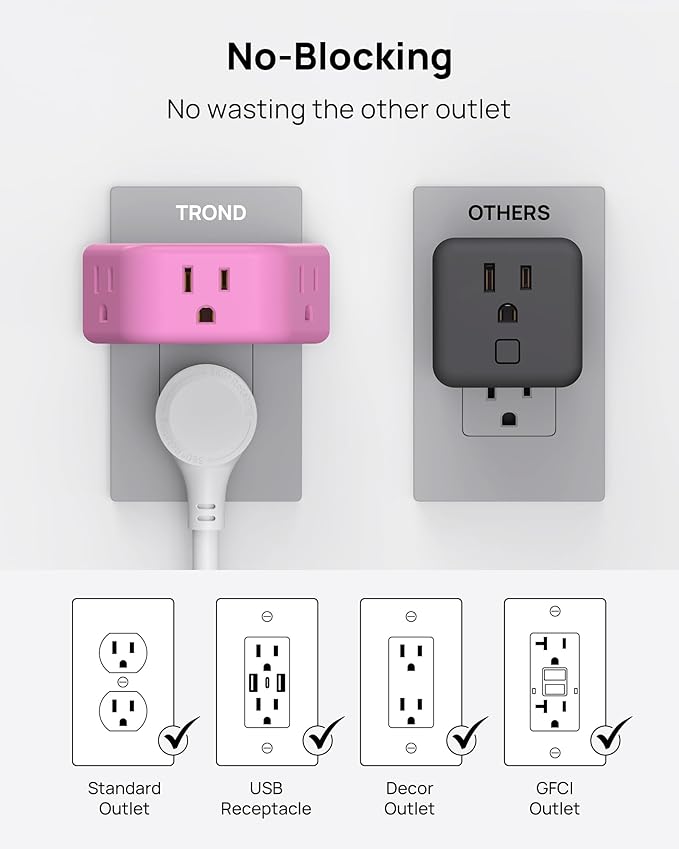 TROND Pink Outlet Extender - Multi Plug Outlet with 3-Prong Grounded Sockets, 3 Way Angled Plug Splitter, Compact and Practical Multiple Wall Expander for Home Travel Cruise Dorm Essentials