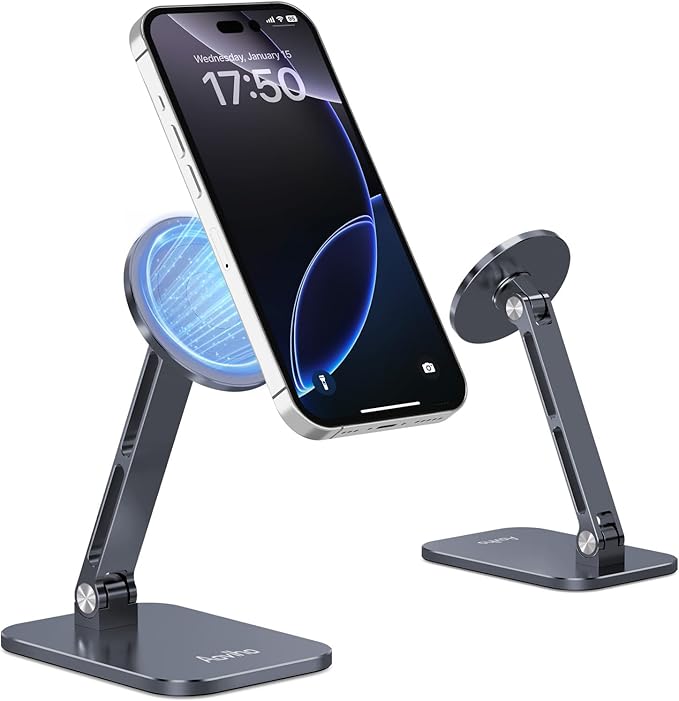 Magnetic Phone Stand for MagSafe Adjustable - Aluminum Portable Phone Holder for Desk with 360° Rotating Head Compatible with iPhone 16/15/14/13/12 Pro Max and Magnetic Phone Case, Grey