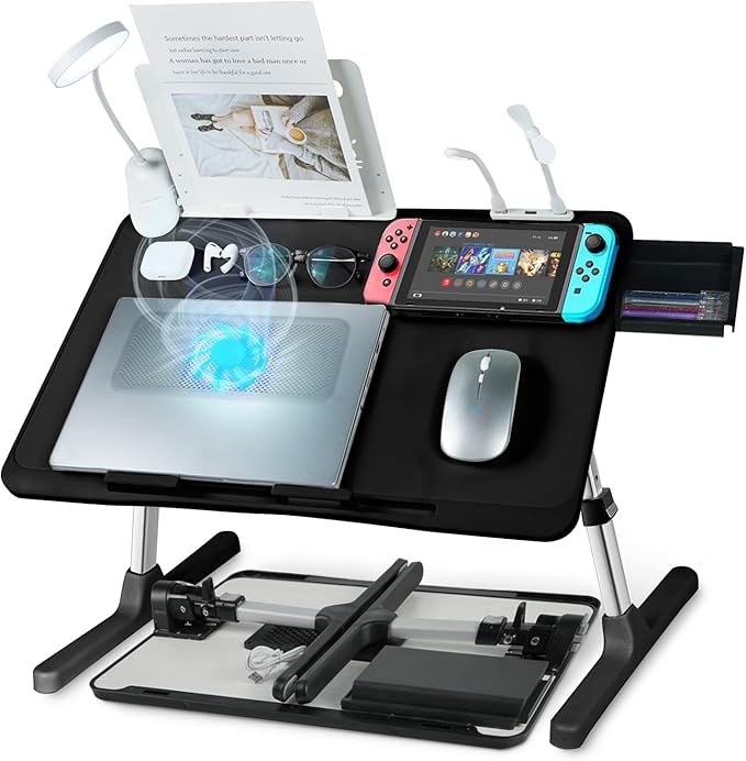 Laptop Lap Desk with Cooling Fan - Adjustable with Light, USB, Storage Drawer - Folding Bed Desk,22.04"*12.59",Black