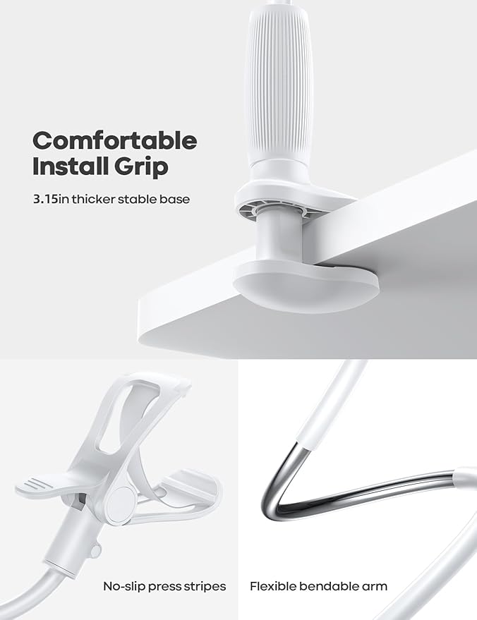Lamicall Gooseneck Phone Holder for Bed - 360 Adjustable Clamp Clip, Overhead Cell Phone Mount Stand for Desk, Compatible with All Cellphone, White