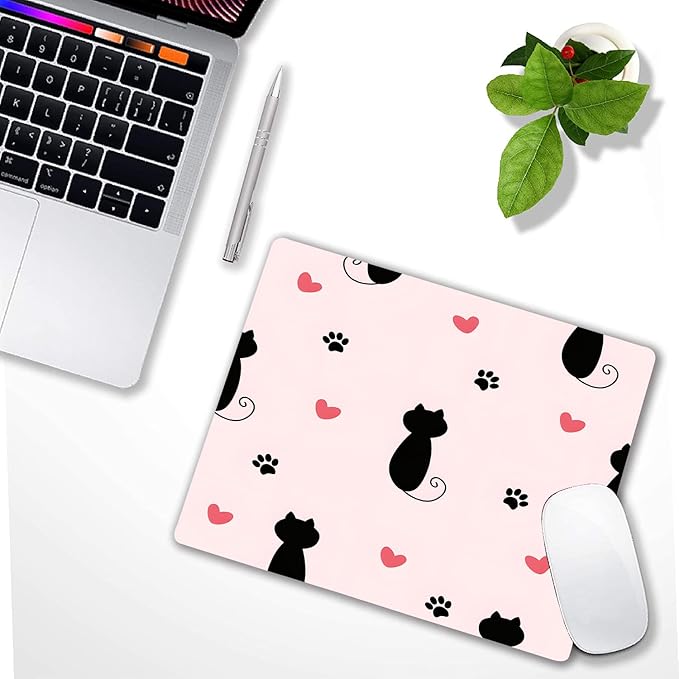 Cute Heart Cartoon Black Cat Paw Custom Mouse Pad with Non-Slip Rubber, Small Square Design for Wireless Laptop & Computer Mouse Pads for Desk, 9.5 x 7.9 inch Smooth Surface for Gaming & Office