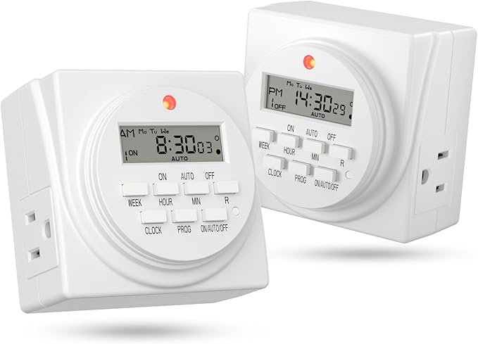 BN-LINK 7-Day Heavy Duty Digital Programmable Timer, 120V, 60Hz, Dual Outlet forLight, ETL Listed (2-Pack)