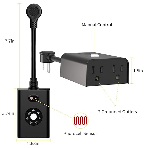 Minoston Outdoor Timer Outlet Waterproof, Dusk to Dawn Photocell Light Sensor Socket, 2/4/6/8 Hours Cutdown Timer, 2 Grounded Outlets for Christmas and Hallowen Deceration, Black(MP40T)