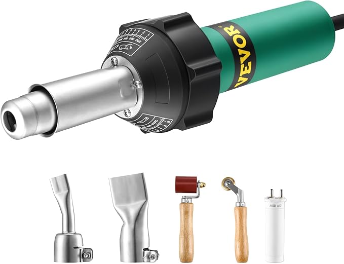 VEVOR Hot Air Plastic Welder, 1600W Hot Air Torch Pistol, 122-1112℉ PVC TPO Vinyl Heat Gun Welding Torch, Plastic Welding Roofing Kit with 2 Nozzles, Silicone & Copper Seam Roller for PP/PE/PVC Sheet