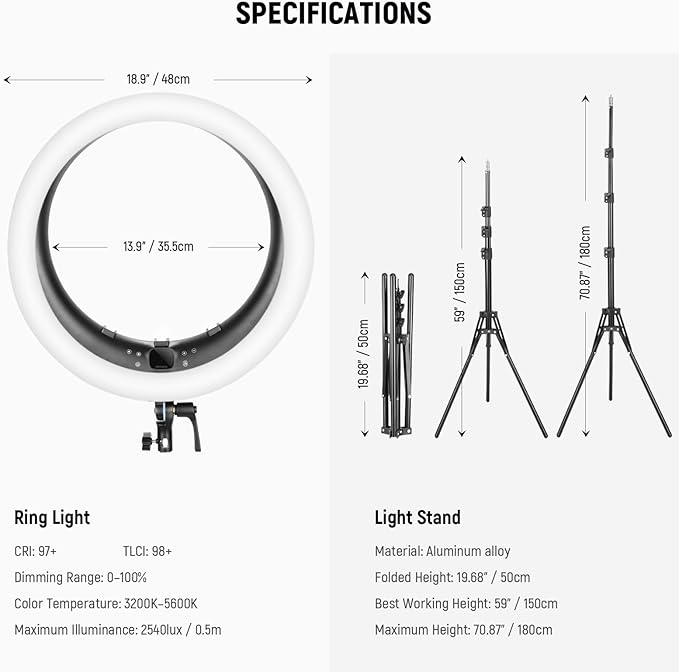 NEEWER RP19H 19" Ring Light with Tripod Stand/3 Phone Holders/Cleaning Cloth Compatible with iPhone, 2.4G Touch Control LED Ringlight for Video Recording Studio Streaming Zoom Selfie Makeup Lighting
