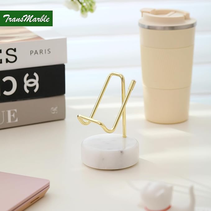 Marble Phone Stand with Metal Holder, Charging Available While Using, Swipe Up to Unlock, Made of Natural Marble as Business Card Holder for Office Desk (Starry White + Gold)