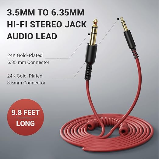 OneOdio 6.35mm to 3.5mm 6.6-9.8FT Stereo Adapter Cable Compatible with AMPs, Electronic Keyboards, Mixers, Guitars and Pro10/Pro30/Pro50 Headphones of OneOdio-Red