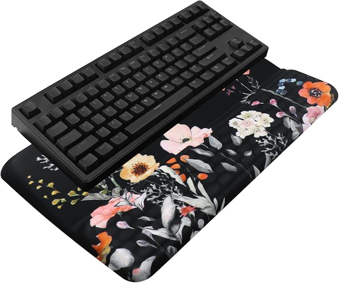 Computer Keyboard Stand with Wrist Rest, Ergonomic Tilted Keyboard Holder - Keyboard Riser with Wrist Pad - Keyboard Tray Support for Office Home - Black Flowers