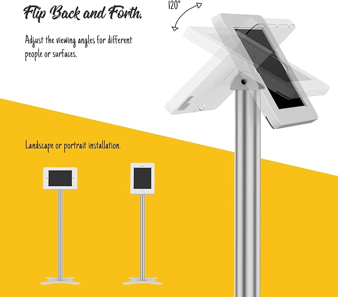 Tablet Floor Stand Compatible with 10.2" iPad 7 8 9, Rotate Lockable Metal Tablet Enclosure+Aluminum Pole+Metal Base - BSF302WT