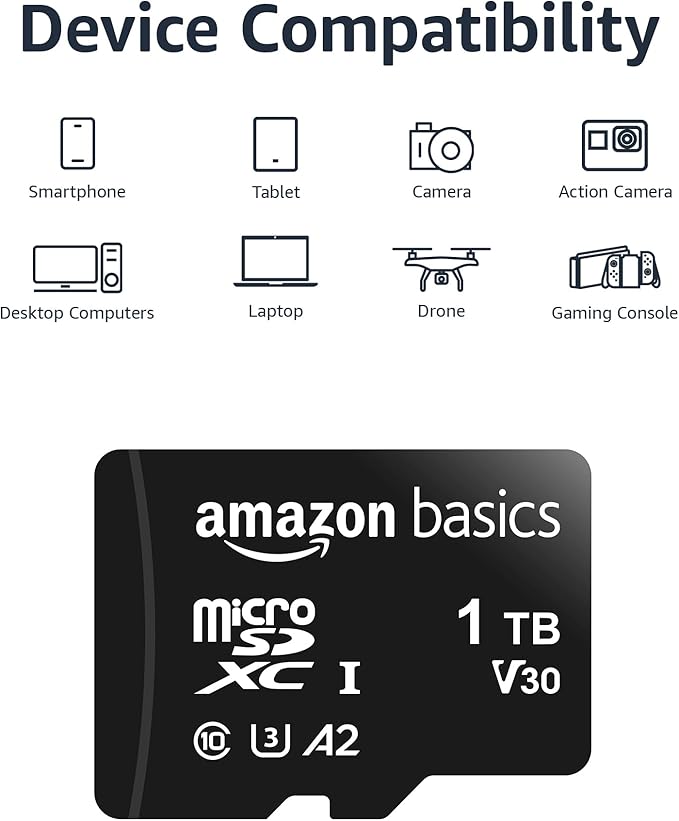 Amazon Basics microSDXC Memory Card with Full Size Adapter, A2, U3, Read Speed up to 100 MB/s, 1 Tb, Black
