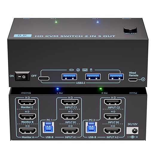 KVM Switch 3 Monitors 2 Computers 8K@60Hz/4K@120Hz, HDMI KVM Switches for 2 PC Sharing Triple Monitor and Keyboard Mouse with Power Adapter, Wired Extend Controller and USB3.0 Cables