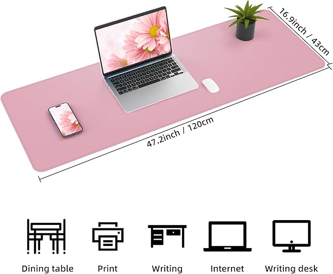 Leather Desk pad Protector, Large Desk mat with Natural Cork & PU Leather,Mouse pad,Non-Slip Office Desk Mat,Waterproof Desk Writing Pad for Office and Home (47in*17in,Rose Pink)