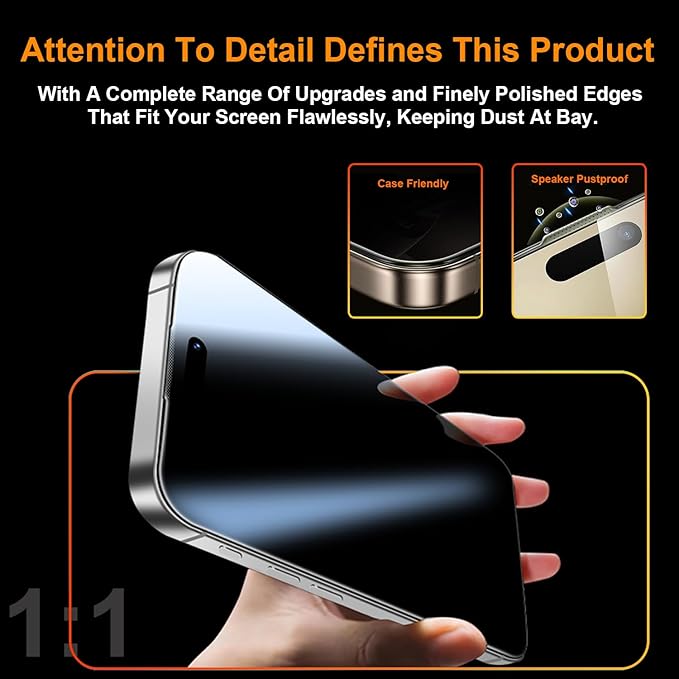 OneFish 2 Pack Privacy Screen Protector for iPhone 15 Pro Max - 4-Way 360° Anti-Spy Tempered Glass, 9H Hardness, 3D Curved Edges, Case-Friendly & Easy Installation