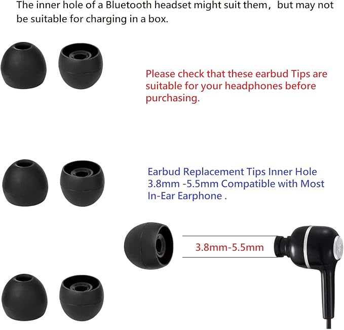 36 Pieces Medium Earbud Tips Soft and Comfortable Ear Bud Replacement Pieces Silicone Fit Most in-Ear Headphones，Inner Hole 3.8mm -5.5mm，Medium Black Earbud Replacement Tips