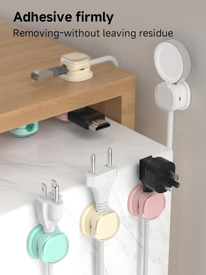 Magnetic Cable Clips, Adjustable Cord Holder Management, Adhesive Wire Keeper Organizer for Home Office Desk Phone PC Car Wall Desktop Nightstand Appliance (9-PCS White_Purple_Cyan_Apricot)
