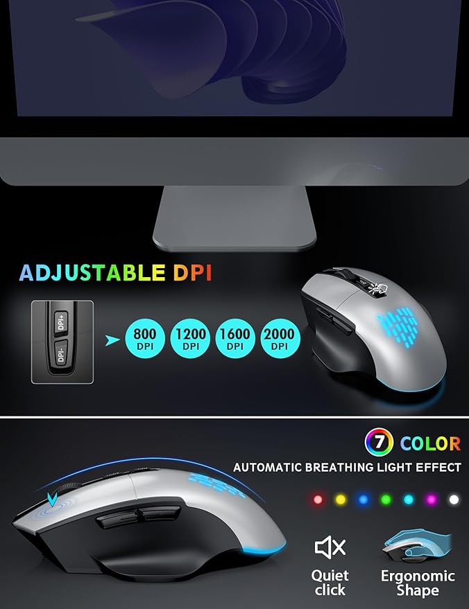 Wireless Keyboard and Mouse Backlits, Wrist Rest, LED Mouse, Rechargeable Ergonomic Keyboard with Phone Holder, Silent Light Up Combo for Computer, Mac, PC, Laptop, Chromebook (Silver Black)