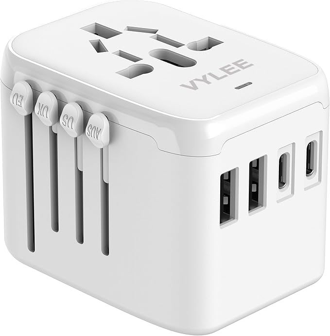 Universal International Power Travel Plug Adapter, 5 in 1 European Travel Plug Adapter W/ 3.5A 2xUSB-A and 2xUSB C Wall Charger and Worldwide AC Outlet for Europe USA UK AUS Asia