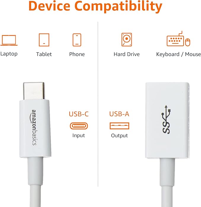 Amazon Basics USB-C to USB-A 3.1 Gen1 Female Adapter Cable Converter, 5Gbps High-Speed, USB-IF Certified, for Laptops, Tablets, Phones (iPhone 16/15), White