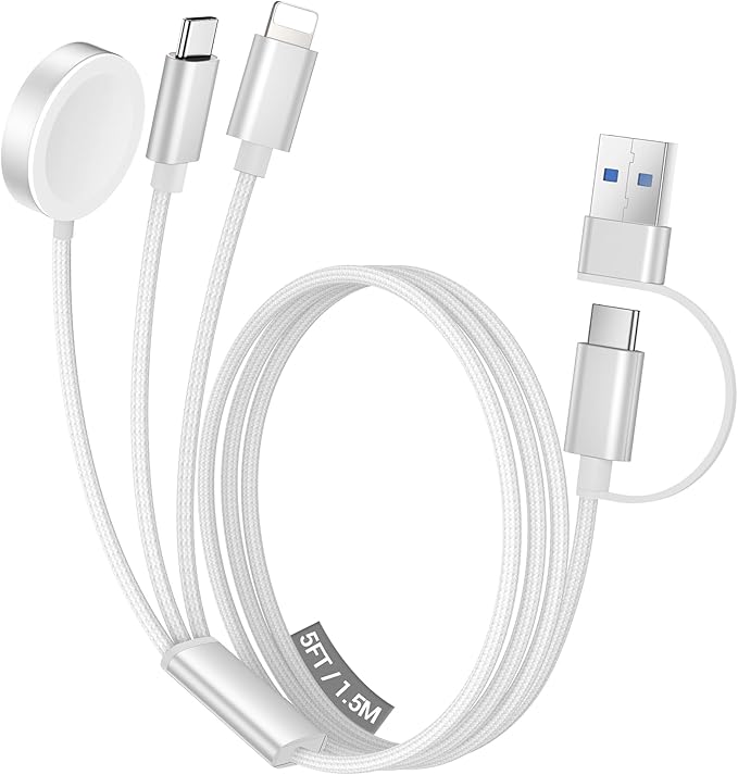 Temdan for Travel Vacation Essentials,3 in 2 USB C Cable for Apple Watch Charger/iPhone 16 Charger/Lightning,Multi Charging Cable Cord,Camping Essentials,Designed for iWatch &iPhone 16-12-5FT White