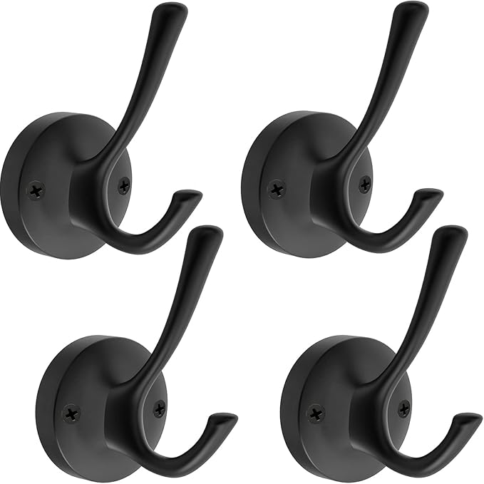 4 Packs Black Coat Hooks, Decorative Double Prong Metal Closet Hooks for Hanging Towels, Robes in Bathrooms, Kitchen