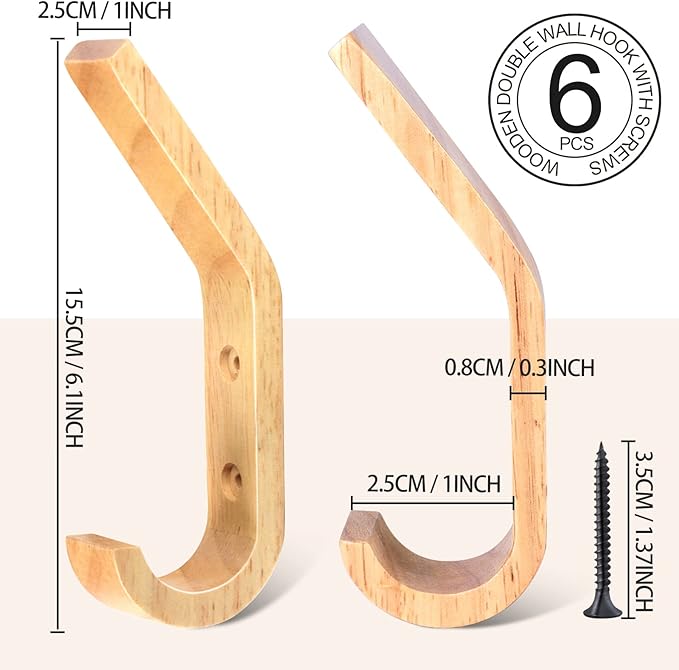 HNYYZL Wooden Wall Hooks, 6 Pack Wood Hooks Wall Mounted, Modern Coat Hooks, Heavy Duty Double Hooks with Metal Black Screws, Wood Wall Hooks Organizer for Hanging Coat, Hat, Scarf, Bag, Towel