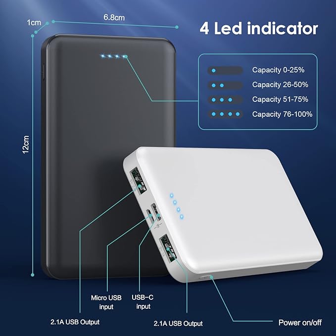 [2 Pack] Portable Charger Power Bank 10000mAh,Ultra Slim Compact External Battery Pack with USB C Input & Dual USB Outputs Backup Charger Compatible with iPhone 13,12, Samsung S20,Tablet -Black+White