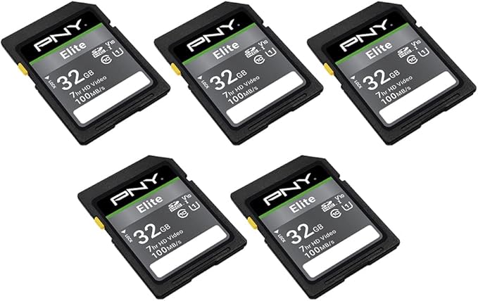 PNY 32GB Elite Class 10 U1 V10 SDHC Flash Memory Card - 100MB/s Read, Class 10, U1 Full HD, UHS-I, Full Size SD (Pack of 5)