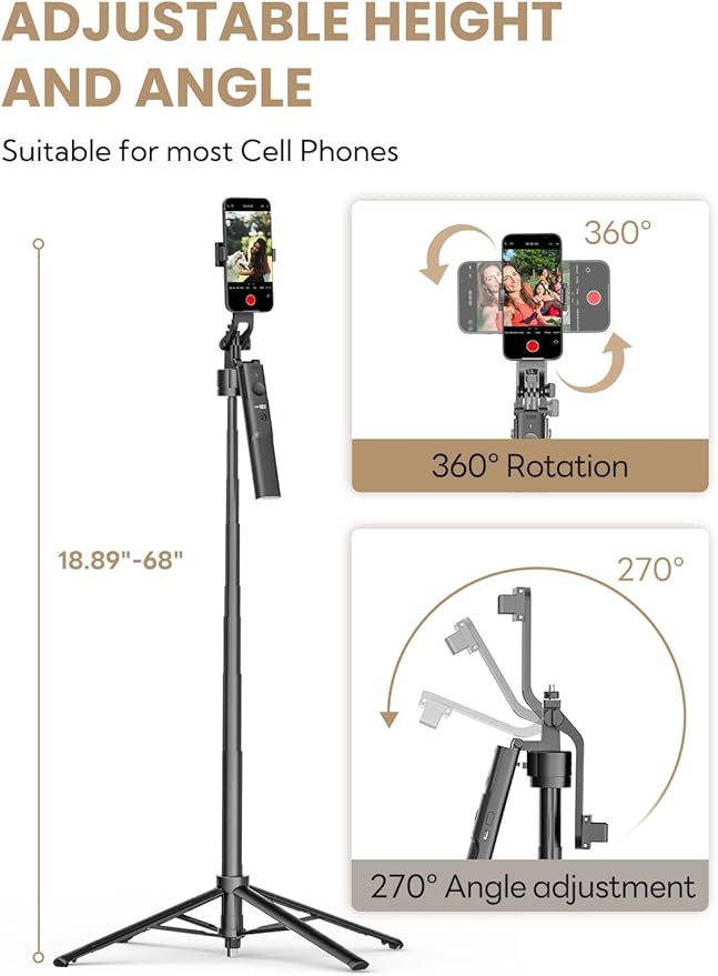 Auto Face Tracking Tripod for iPhone 360°Rotation,Selfie Stick for Android w/Remote&Ground Spike,68” Phone Tripod Stand That Follows Your Movement for Video Recording,Vlogging(R01)