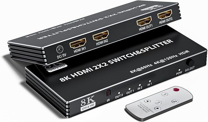2x2 HDMI Switch Splitter, HDMI 2.1 Switcher 2 in 2 Out 8K@60Hz 4K@120Hz, w/IR Remote Control, Supports HDCP 2.3 HDR, HDR10, HDR 10+, 3D