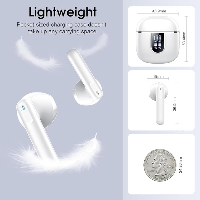 Wireless Earbuds, Bluetooth 5.4 Headphones with 3D Bass Stereo, 40H Ultralight in-Ear Buds, Bluetooth Earbuds with 4 ENC Noise Cancelling Mic, USB-C, IP7 Waterproof Earphones for Android iOS, Milky