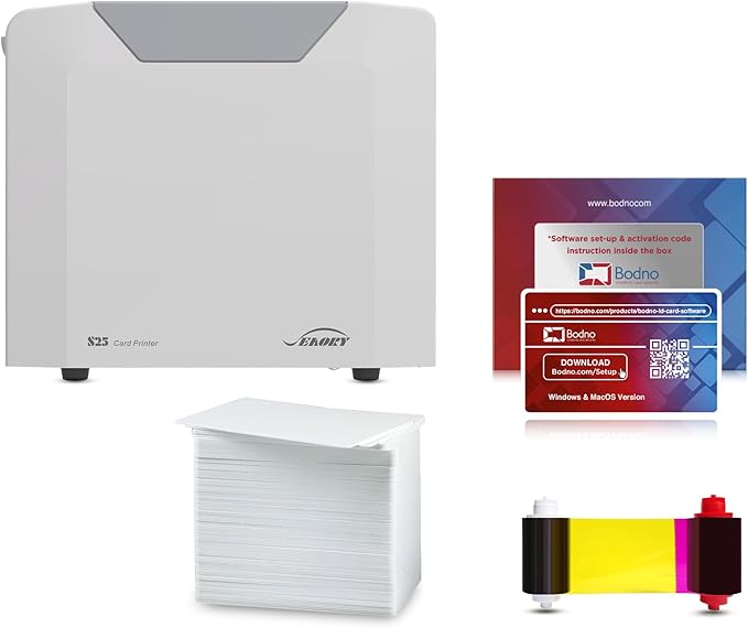 Bodno Seaory S25 Single Sided ID Card Printer & Complete Supplies Package ID Software - Silver Edition
